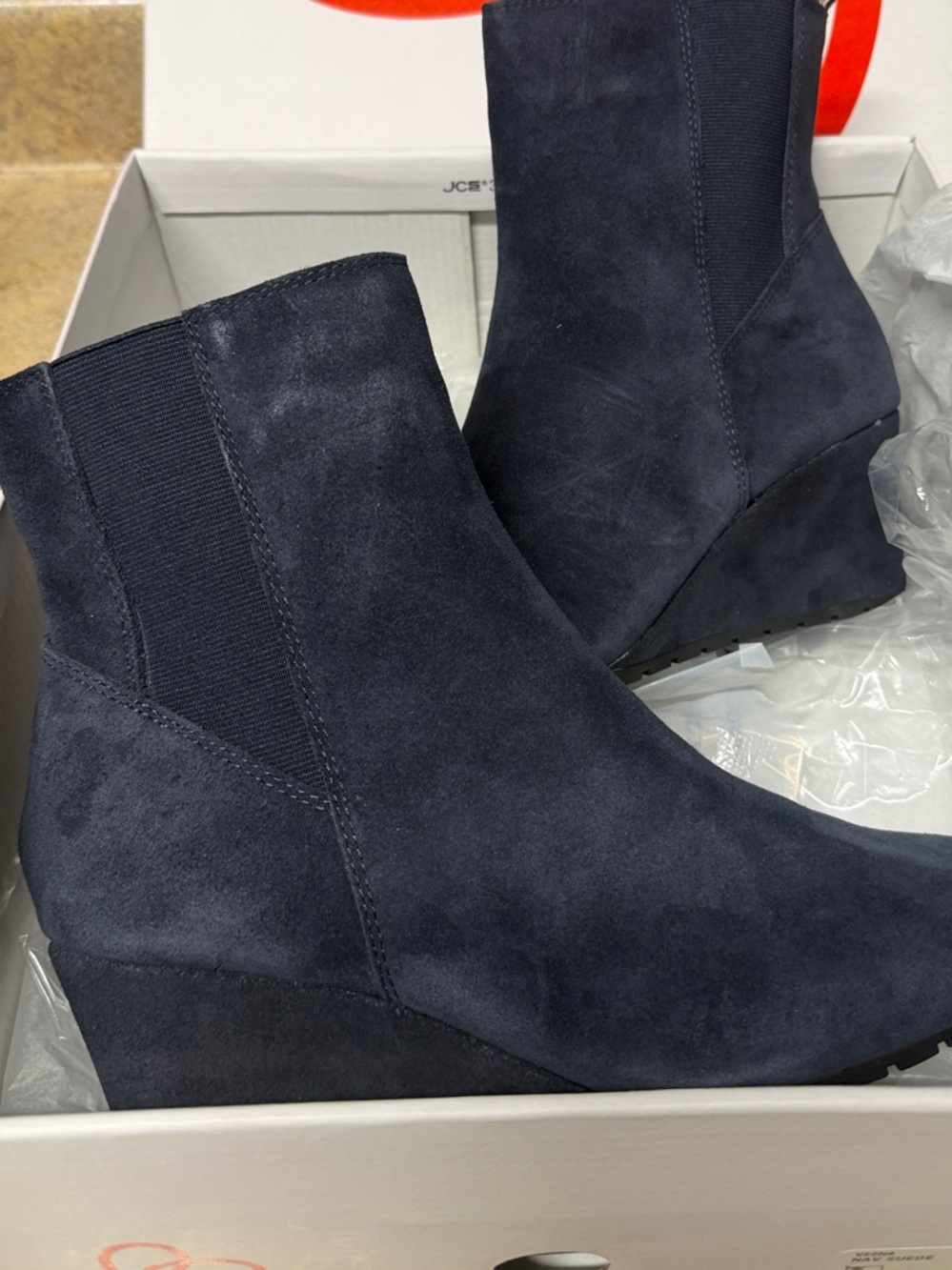 Blondo Navy Suede Wedge Chelsea Booties